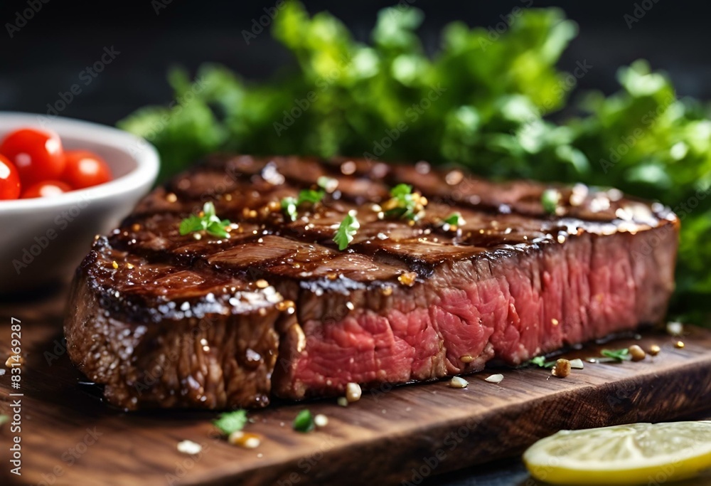 a steak on a cutting board with vegetables and tomatoes around it a steak on a cutting board with vegetables and tomatoes around it