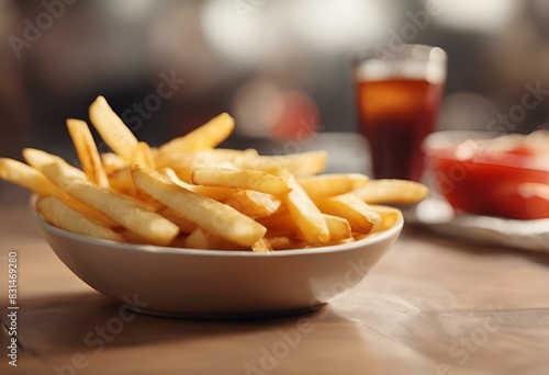 AI generated illustration of golden French fries in a bowl on a table