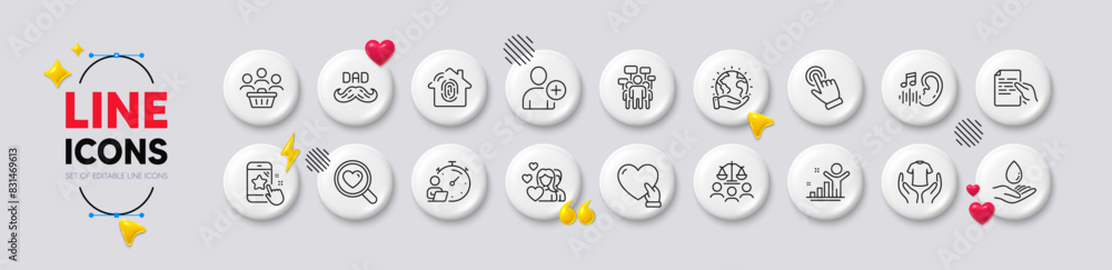 Father day, Hold document and Search love line icons. White buttons 3d icons. Pack of Water care, Save planet, Court jury icon. Hearing, Volunteer, Star rating pictogram. Vector Father day, Hold document and Search love line icons. White buttons 3d icons. Pack of Water care, Save planet, Court jury icon. Hearing, Volunteer, Star rating pictogram. Vector