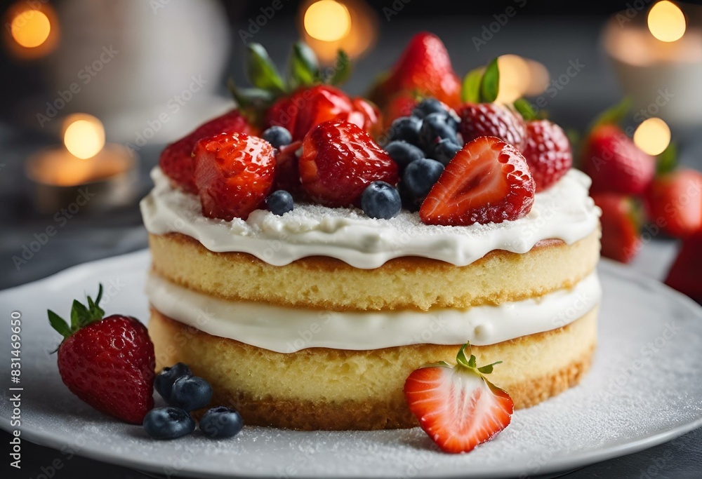 AI generated illustration of close-up of a fruit-topped cake on a plate AI generated illustration of close-up of a fruit-topped cake on a plate