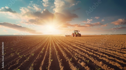 A tractor plows an expansive field under a vibrant sunset sky  creating evenly spaced furrows for planting.