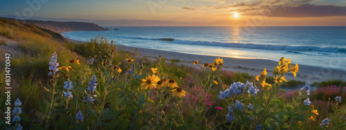 Nature's beauty captured in impressionistic art, summer sky, sea, and beach wildflowers blending harmoniously in a serene landscape.