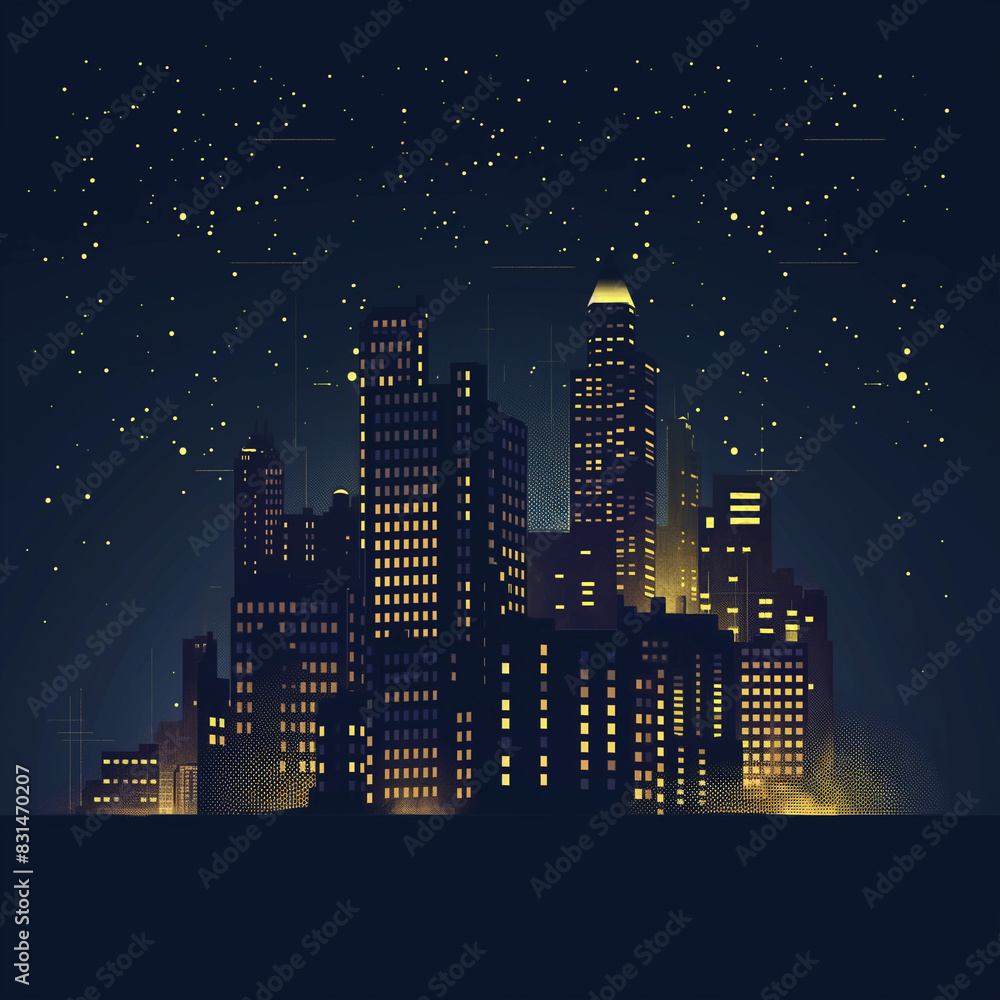 A city skyline at night with a lot of lights and stars. Night city on a dark background