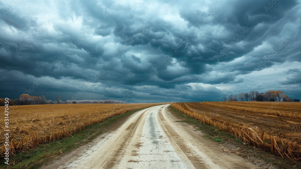 A dramatic rural landscape with a dirt road cutting through harvested fields under a looming, stormy sky - AI Generated Digital Art A dramatic rural landscape with a dirt road cutting through harvested fields under a looming, stormy sky - AI Generated Digital Art
