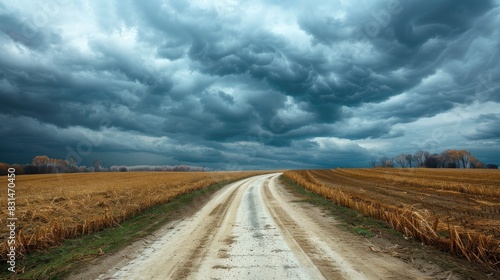 A dramatic rural landscape with a dirt road cutting through harvested fields under a looming  stormy sky - AI Generated Digital Art