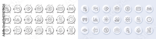Clipboard, Oil barrel and Time line icons. White pin 3d buttons, chat bubbles icons. Pack of Cardio training, Food, Love music icon. Employee hand, Diagram graph, Exhaust pictogram. Vector