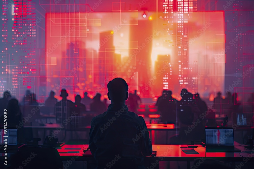 Tech ecosystem explained through a company-wide hackathon, wide angle with hackathon event, dynamic and technology-focused environment, Silhouette, superimposed scene, little minimal style. Tech ecosystem explained through a company-wide hackathon, wide angle with hackathon event, dynamic and technology-focused environment, Silhouette, superimposed scene, little minimal style.