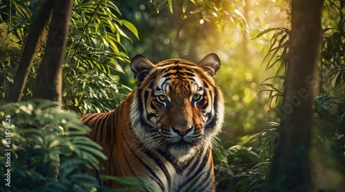 tiger and dense jungle and dappled sunlight