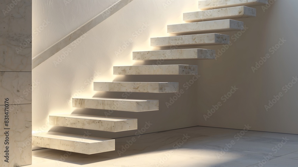 Sleek mono-stringer stairs with cantilevered stone steps and recessed handrails Sleek mono-stringer stairs with cantilevered stone steps and recessed handrails