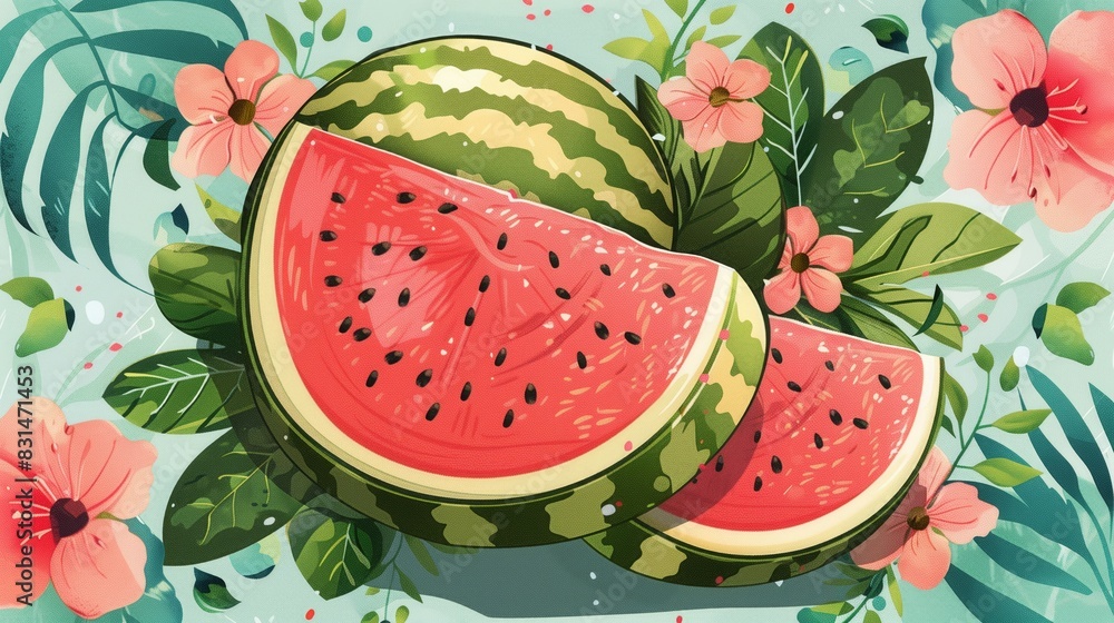 Painting of watermelon slices and flowers on a bright background Painting of watermelon slices and flowers on a bright background