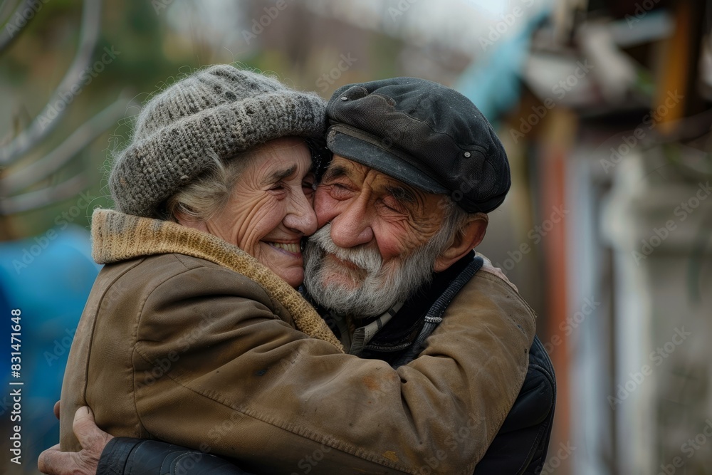Tender moment between a smiling elderly couple sharing a warm embrace, showing timeless affection Tender moment between a smiling elderly couple sharing a warm embrace, showing timeless affection