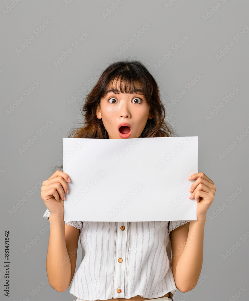 A woman holding up an empty white sheet of paper with her mouth open, looking surprised and shocked isolated on a clear light background. Conceptual stock photo that could be used for advertising A woman holding up an empty white sheet of paper with her mouth open, looking surprised and shocked isolated on a clear light background. Conceptual stock photo that could be used for advertising
