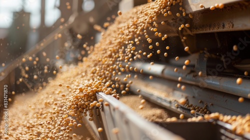 Soybeans are shown moving along a conveyor belt in an agricultural facility, capturing the dynamic flow of the grains. photo
