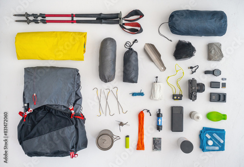 Ultralight outdoor gear. Equipment for hiking. Light weight backpacking, traveling. Top view. photo