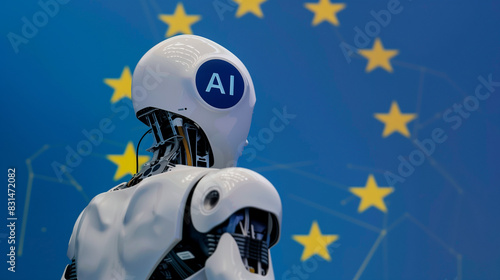 AI Robot with European Union Flag Background
