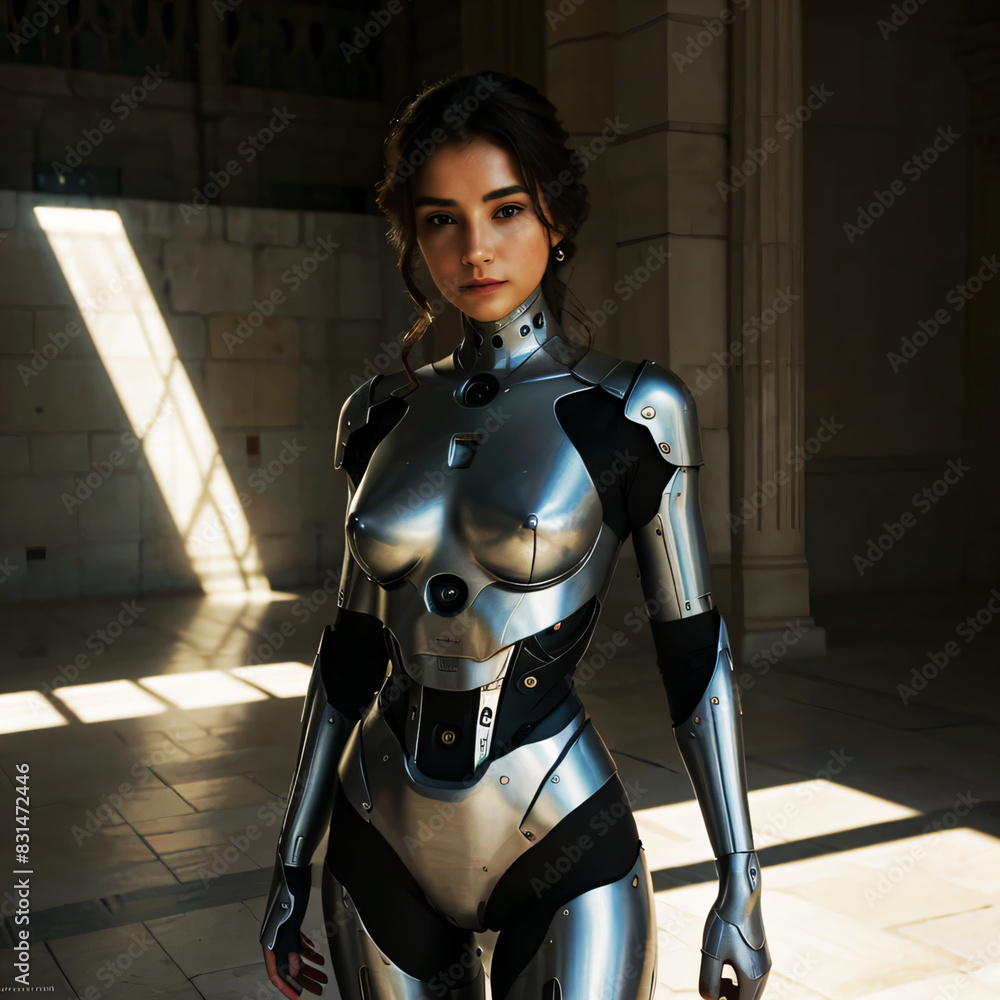 Hermosa jóven mujer ciborg, en su cuerpo robótico superdotada de poderes, traje metálico, gerrera del futuro con armadura Hermosa jóven mujer ciborg, en su cuerpo robótico superdotada de poderes, traje metálico, gerrera del futuro con armadura
