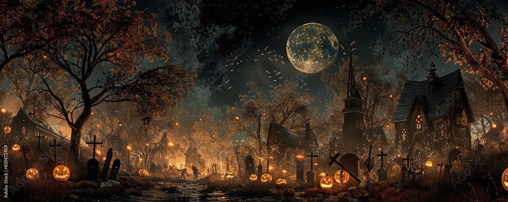 Create a wide-angle view featuring eerie Halloween decorations in a moonlit graveyard