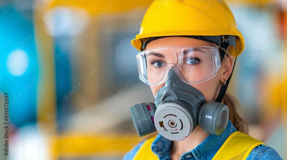 Female in yellow helmet and respirator mask for safety in industrial environment Female in yellow helmet and respirator mask for safety in industrial environment