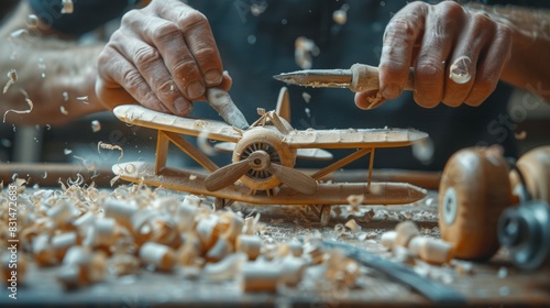Crafting a Wooden Airplane Toy, Close-up of Smoothing Process Generative AI photo