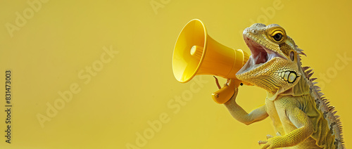 lizard holding yellow megaphone, Promotion, action, holiday, ad, job questions. Vacancy. Business discount concept, communication, information, news