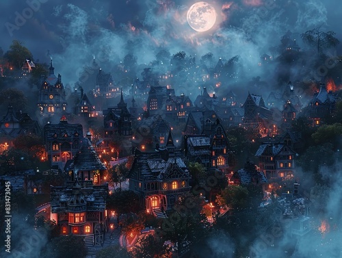 Illustrate a sprawling neighborhood from above  each house decked out in intricate Halloween decorations with a full moon shining above