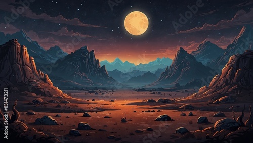 Alien mountain landscape with craters and glowing sky for adventure game backgrounds. 2d style