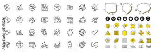 Set of Scuba diving, Execute and Anti-dandruff flakes line icons for web app. Design elements, Social media icons. Tick, Medical chat, Food delivery icons. Vector
