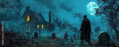 A spooky graveyard scene with tombstones and eerie fog photo