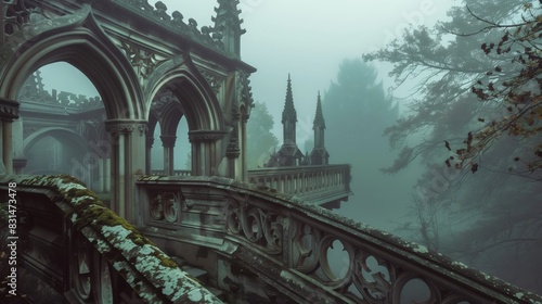 A Gothic balustrade with pointed arches and intricate carvings stands mystically in a foggy ambiance. photo