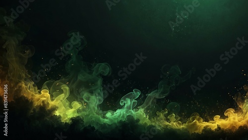 an empty textbox background with magical yellow green smoke corners on a dark glowing background. 2d style