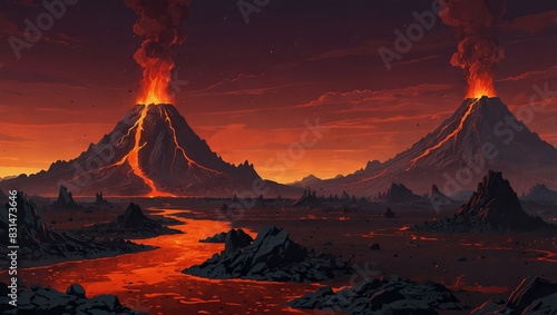 Alien volcano landscape with lava flows and craters under a red sky for adventure games. 2d style © BLACK AND WHITE LOGO