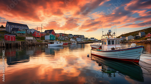 A fishing boat sits in a harbor at sunset. There are other fishing boats in the background and brightly colored buildings on the shore. The sky is a bright orange. photo