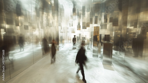 Aerial view, person walking, distorted liminal space upside down, Inception loop, labyrinth installed with mirrors, blurry motion, slow shutter speed © Mars0hod