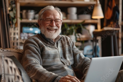 Joyful elderly man with glasses smiling while browsing on his laptop, sitting comfortably indoors photo