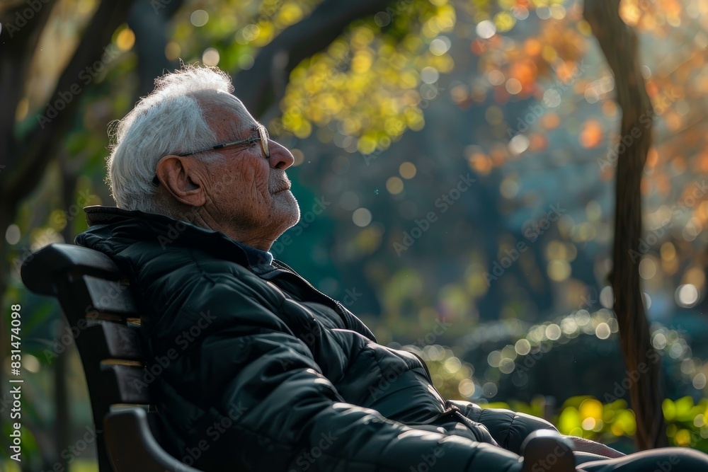 A peaceful senior man relaxes on a bench, soaking up the warm sunlight amidst lush greenery A peaceful senior man relaxes on a bench, soaking up the warm sunlight amidst lush greenery