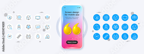 Analytical chat, Eco organic and Organic tested line icons. Phone mockup with 3d quotation icon. Pack of Circle area, Ethics, Chlorine mineral icon. Vector
