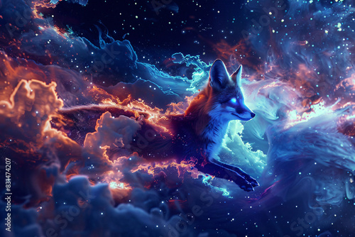 A fox is flying through space with a bright orange tail photo