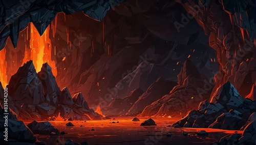 Background environment of 2D abstract lava caves for adventure or battle mobile game. Dark lava caves cartoon style in game art background environment. 2d style
