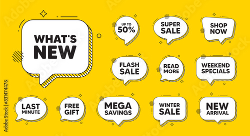 Offer speech bubble icons. Whats new tag. Special offer sign. New arrivals symbol. Whats new chat offer. Speech bubble discount banner. Text box balloon. Vector