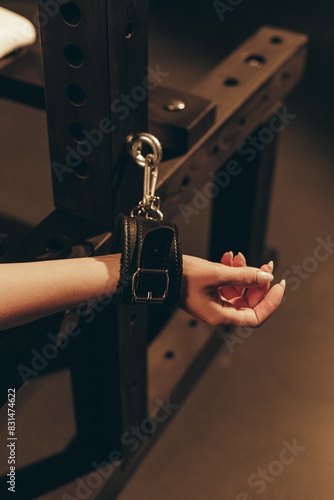 Woman hands chained to bdsm bench over black background, slavery or violence concept