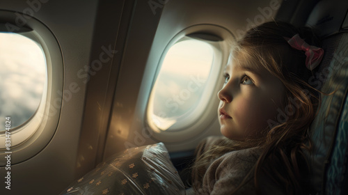 Little girl in airplane looking out of the window. © Akmalism