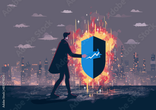 Cyber Shield Protecting Computer Network from Threats, Digital Privacy Encryption Concept, Man Holding Shield Guarding Laptop Against Cyber Attacks, Minimalistic Vector