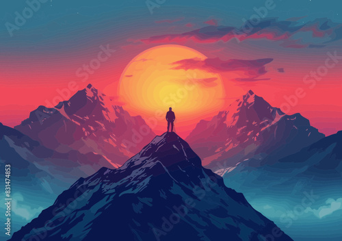 Inspiring successful business vision: Businessman gazes through telescope on mountaintop - Discover new career opportunities, leadership goals and journey to achievement