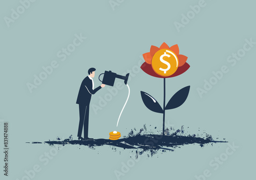 Businessman Nurturing Dollar Coin Seedling - Money Growth, Investment Profit, Retirement Fund, Increase Wealth Earnings Revenue Concept Illustration