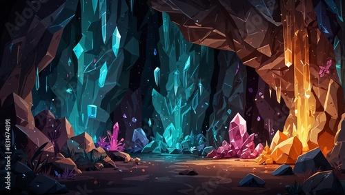 Abstract 2D crystal cave background for fantasy or adventure game. Crystal cave cartoon style with sparkling gems and rocks. 2d style