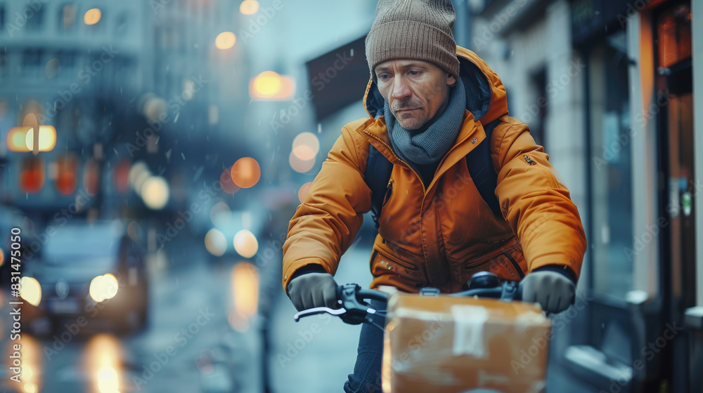 Male courier with bicycle delivering packages in city. Copy space. Male courier with bicycle delivering packages in city. Copy space.