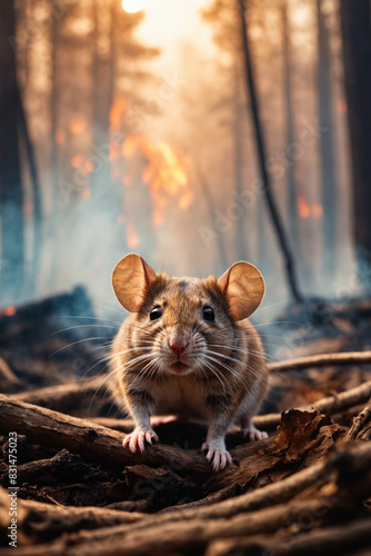 Mouse running away from the fire. Massive forest fire with fire glow  burning charred trees and smoke destroying wild natural habitat. Wildfire  climate change and extreme heat. Natural disasters.