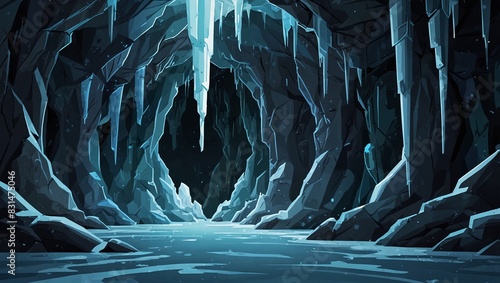 Abstract 2D icy cave background for winter or survival game. Icy cave cartoon style with icicles and frosty rocks. 2d style