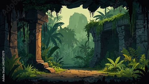 Abstract 2D jungle ruins background for adventure or exploration game. Jungle ruins cartoon style with overgrown plants and crumbling structures. 2d style