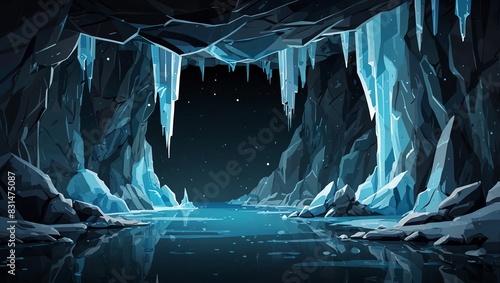 Abstract 2D icy cave background for winter or survival game. Icy cave cartoon style with icicles and frosty rocks. 2d style